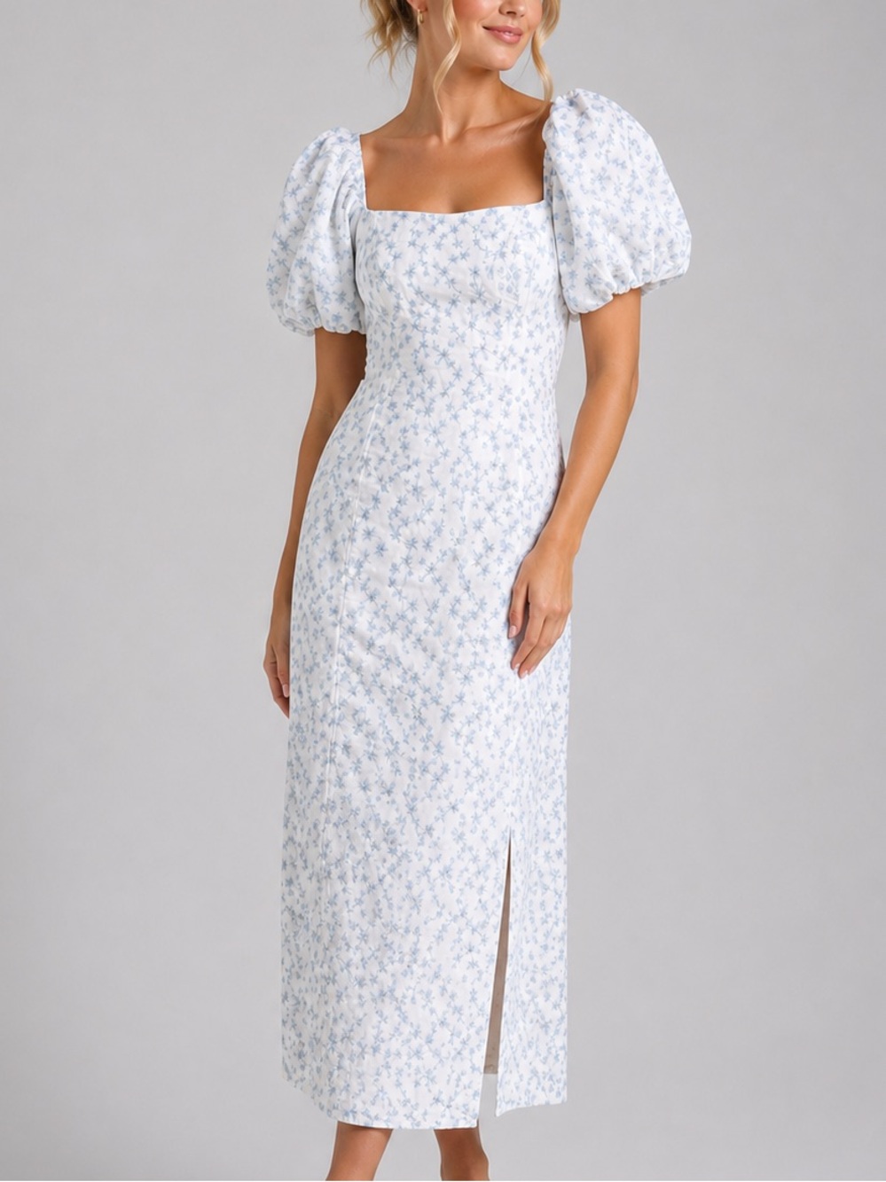 🆕🦋GB White Sky Blue Floral Embroidered Midi Dress Cottagecore Size M Puff Sleeve